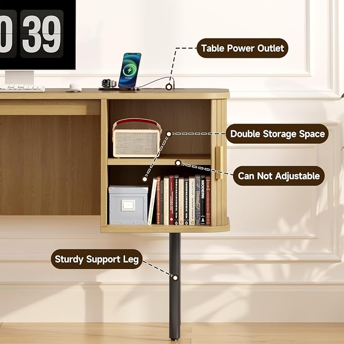 ONBRILL 55 Inch Fluted Computer Desk with Charging Station, Mid Century Executive Desk with 2 Storage Cabinets, Modern Home Office Large Desk with Metal Legs for Working, Studying, Writing Oak