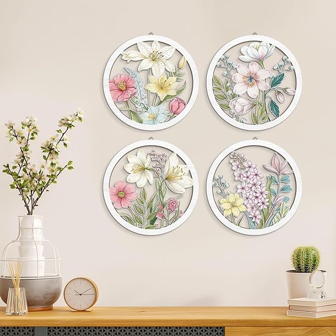 HPNIUB Boho Flower Wall Decor, Abstract Floral Market Wooden Wall Hanging Sign, 4 Pieces 10''x10'' Colorful Plant Wall Art, Minimalist Wildflower Botanical Wood Plaue for Girls Bedroom Living Room