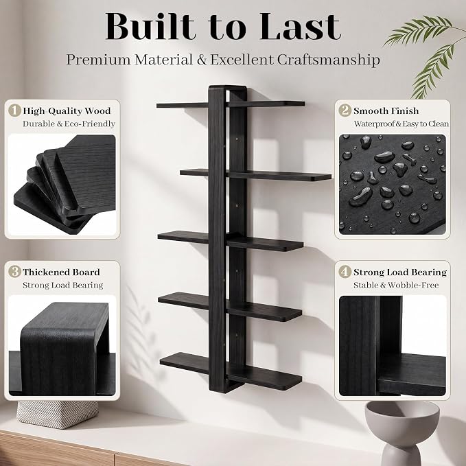 Pinkunn Floating Shelves for Wall, 5 Tier Wall Mounted Shelf Unit with 19.7 Inch Pine Wood Shelves and Black Frame, Decorative Plant Photo Book Display Shelf for Living Room Bedroom Bathroom