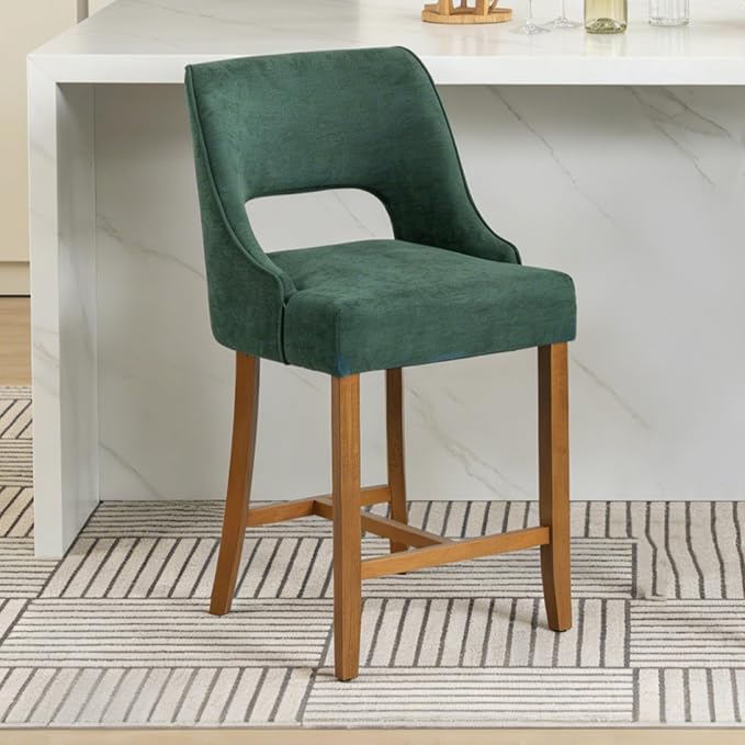 ClinQ Bar Stools Set of 1, 26" H Counter Height Bar Stools with Backs, Modern Upholstered Accent Barstools with H-Shaped Footrest for Kitchen Island, Dining Room and Bar, Green-Walnut Legs