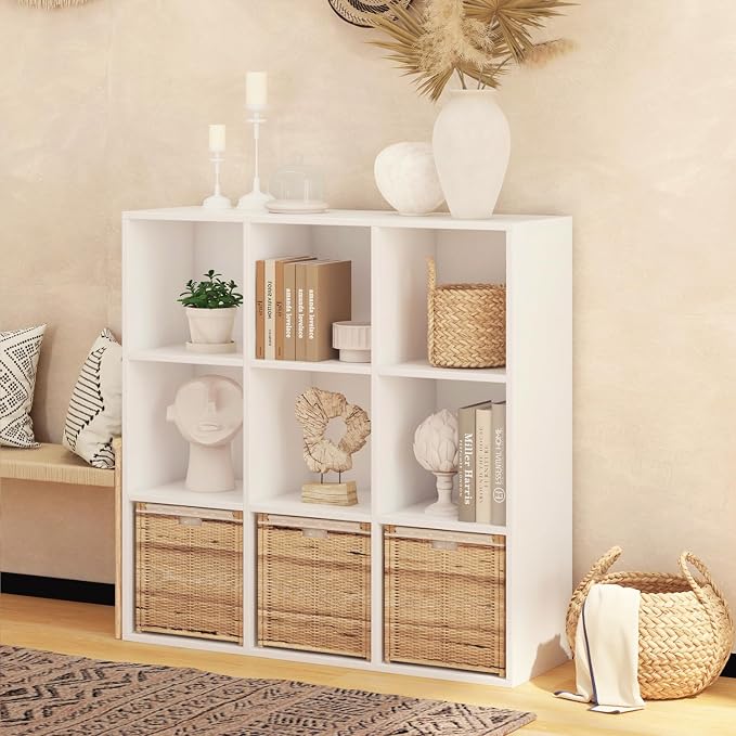 Wooden 9 Cube Storage Organizer with Closed Back Panel,White Cube Shelf Heavy Duty Cubby Storage Organizer with Compartments for Living,Display Shelf,Bookshelf