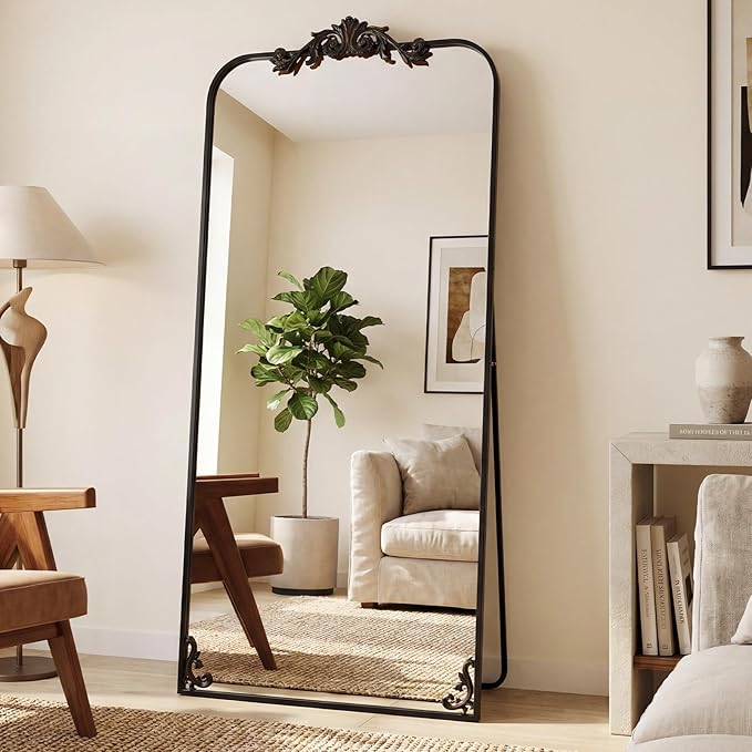 Antok Arched Full Length Mirror, 32"x71" Floor Mirror with Carved, Full Body Mirrors for HomeDecor, Large Wall Mirror with Corner Flower for Bedroom, Living Room, Bronze, Luxury Style