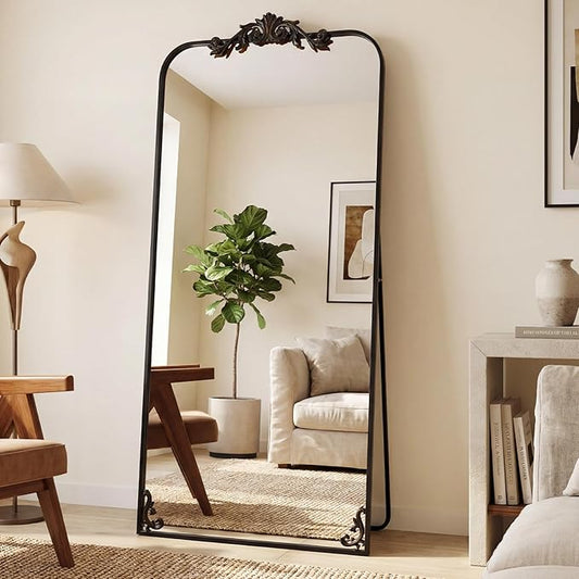 Antok Arched Full Length Mirror, 32"x71" Floor Mirror with Carved, Full Body Mirrors for HomeDecor, Large Wall Mirror with Corner Flower for Bedroom, Living Room, Bronze, Luxury Style