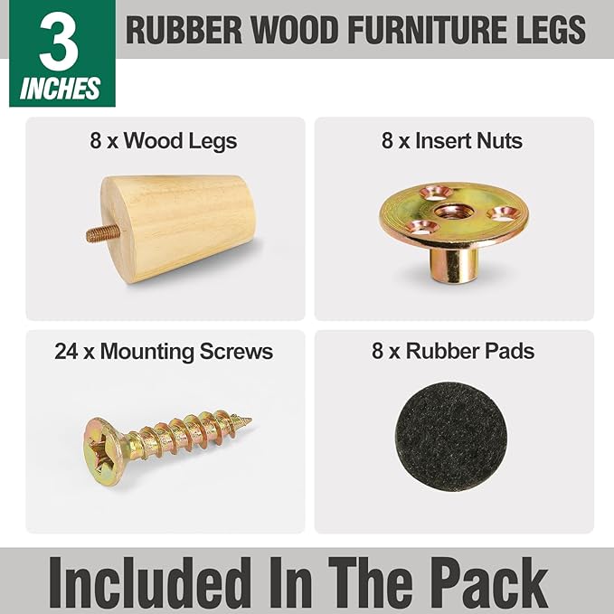 FoDau770 Rubber Wood Furniture Legs 3 Inches, Straight Tapered Wood Feet Mid Century Sofa Legs Set of 8, 5/16" UNC Furniture Feet Replacement Parts for Cabinet Couch Dresser Chair Ottoman Table