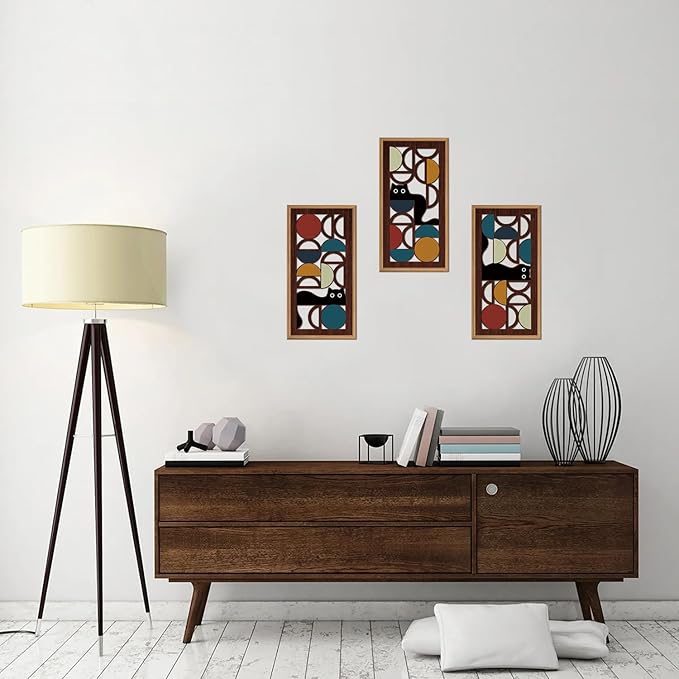 IARTTOP 3Pcs Boho Black Cat Wall Decor Framed Abstract Geometric Wood Wall Art Mid Century Modern Artwork Geometric Cat Hanging Decor for Living Room Bedroom Office Lovely Cat Gifts 8 x16 Inch