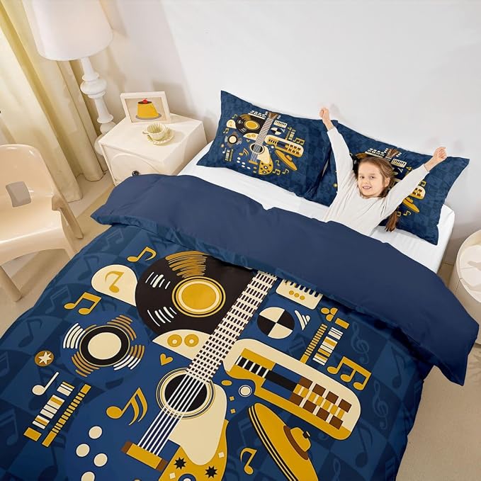 Erosebridal Retro Music Duvet Cover King for Boys Men - Abstract Instruments Guitar Bedding Set Vinyl Record Rock Roll Comforter Cover,Checkered Musical Notes Bed Set