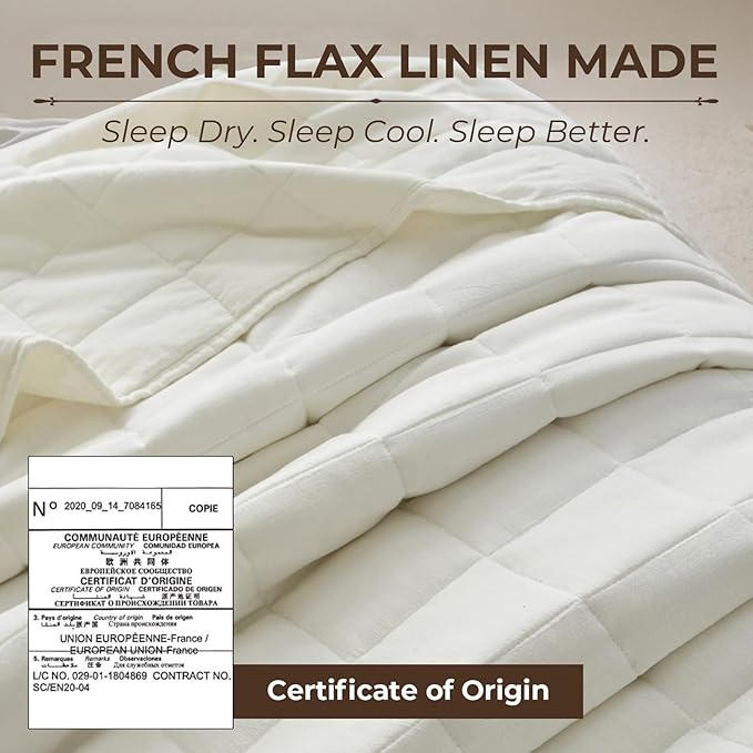 Powdion 100% French Linen Quilt King, Pre-Washed Linen Front Cotton Back Quilt Comforter Breathable Bedding Set for All Season, Lightweight Cotton Quilt King Size, 3 Pieces Cream Bedspread