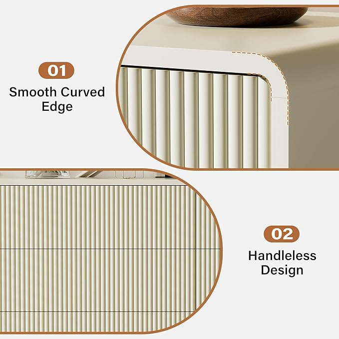 Beige 6 Drawer Dresser, 55" Wide Wood Chest of Drawers with Curved Design, Modern Fluted Dresser with Push-to-Open Storage for Bedroom