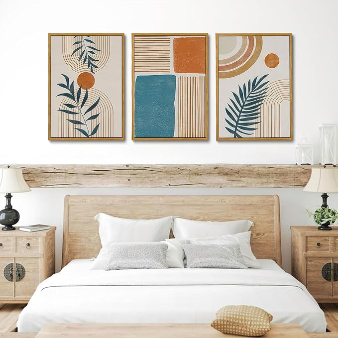 Bwodke Boho Wall Art, Framed Abstract Wall Art, Botanical Neutral Canvas Wall Decor, Large Mid Century Plant Pictures Set of 3, Modern Minimalist Paintings for Bedroom Living Room Bathroom