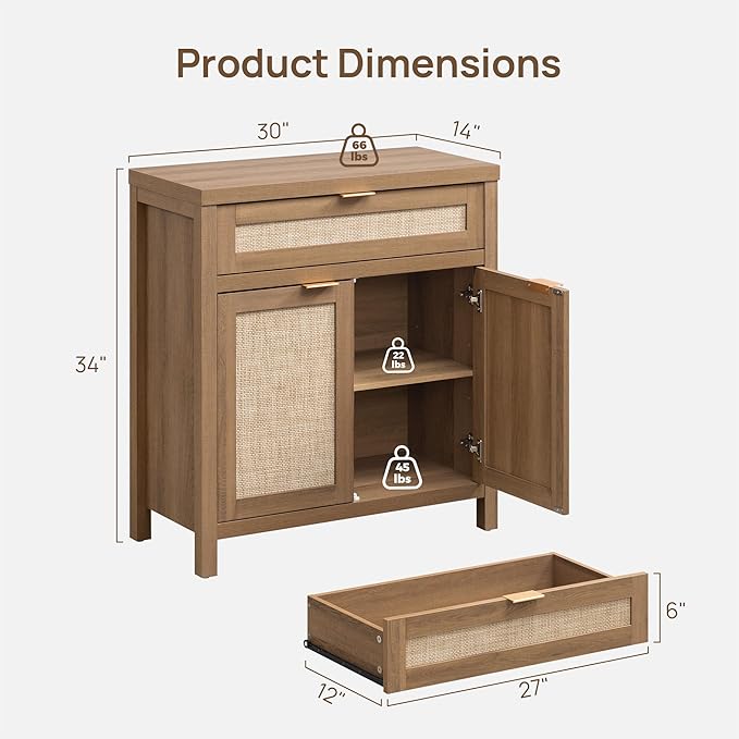 SICOTAS Buffet Cabinet Sideboard with Storage, Rattan Accent Cabinet with Doors Drawer, Boho Credenzas Farmhouse Buffet Table Console Coffee Bar Cabinets for Entryway Living Room, Natural Oak