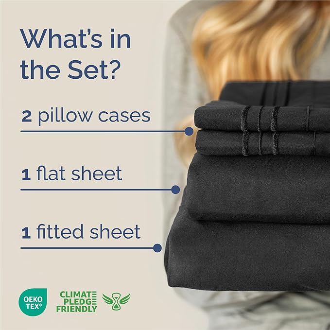 King Size 4 Piece Sheet Set - Comfy Breathable & Cooling Sheets - Hotel Luxury Bed Sheets for Women & Men - Deep Pockets, Easy-Fit, Extra Soft and Wrinkle Free Sheets - Black Oeko-Tex Bed Sheet Set