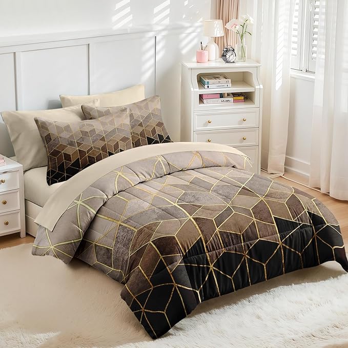 Nesker Comforter Set Queen Size, Black Golden Gradient Cubic 7 Pcs Bedding for Kids and Adults, Brown Modern Geometric Bed Sheet Sets with Fitted Sheet 2 Pillowcases & 2 Shams