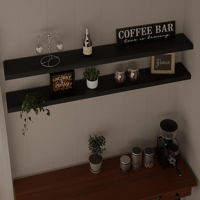 IEO Long Wooden Floating Shelves for Room Wall, Natural Wood Floating Shelves Wall Mounted Kitchen Shelf for Living Room, Bedroom, Kitchen,Bathroom, Storage (Black, 48in 2tier)