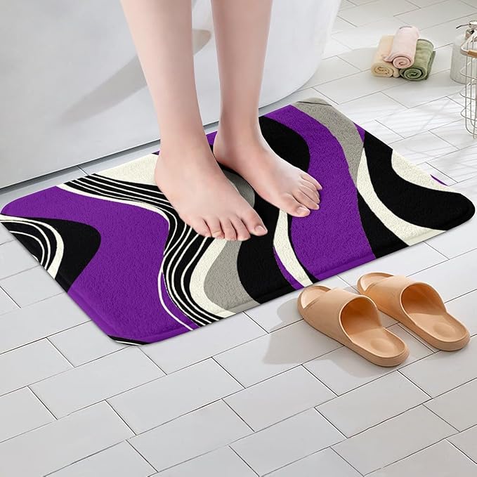 Feelyou Purple and Gray Black White Bath Rugs Modern Abstract Geometric Bathroom Rugs Kids Boys Girls Teens Stripe Line Pattern Decor Bath Mats for Bathroom 20"x32" Bathroom Accessories