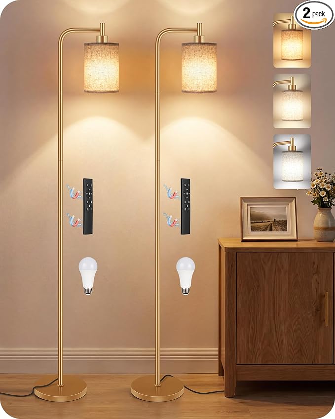2Pack Dimmable Floor Lamp for Living Room with Remote and Foot Switch, Modern Standing, Corner Lamp,10W Bulb 3 Color Temperatures, for Bedroom, Office, ETL Listed, Gold and Beige DE19LDP205