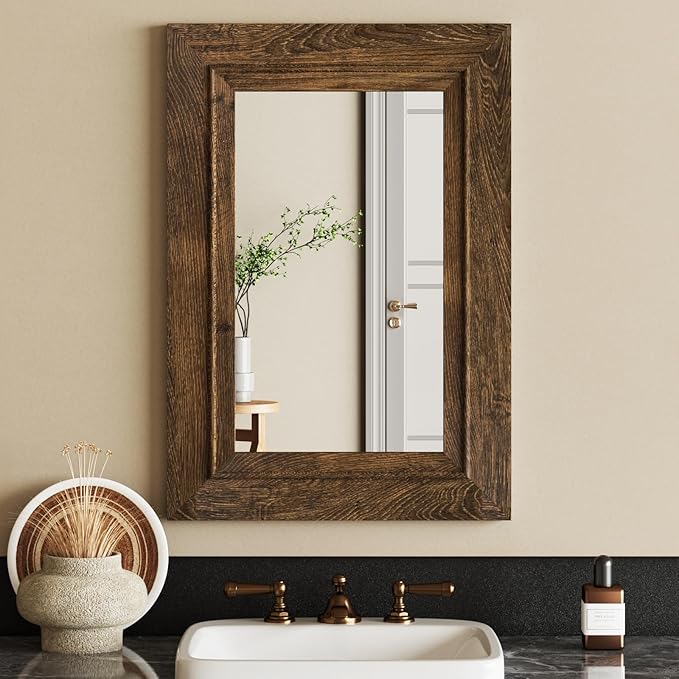 Rustic Wall-Mounted Vanity Mirror, Solid Wood Frame Bathroom Mirror, Farmhouse Style for Living Room, Bedroom, Entryway, Horizontal/Vertical Hanging