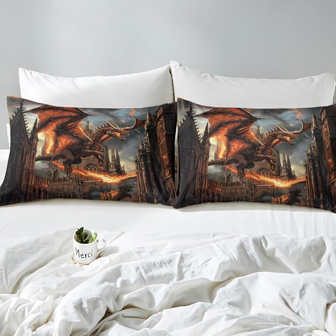 3D Western Dragon Duvet Cover Set Full Size,Fire Modern Castle Fashion Retro Bedding Set,Boys Men Room Decor,Wildlife Ancient Animal Comforter Cover,Grey Quilt Cover,2 Pillowcases(No Filler)