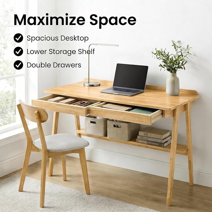 Solid Wood Writing Desk for Small Space, Mid Century Modern Computer Desk with 2 Drawers & Storage Shelf, Side Hooks for Home Office Bedroom, Wood