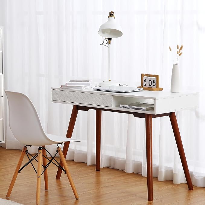 Small Office Desk, Mid Century Modern Writing Desk with Drawers, 42 Inch Wooden Computer Table for Study Room Bedroom (White+Walnut)