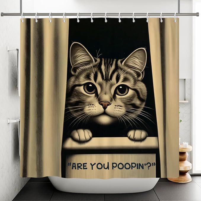 Cat Shower Curtains Cute are You Poopin' Funny Humorous Animal Whimsical Bathroom Curtain Curious Joke Cat Shower Curtain Sets for Bathroom Extra Long 72x72 in with 12 Hooks