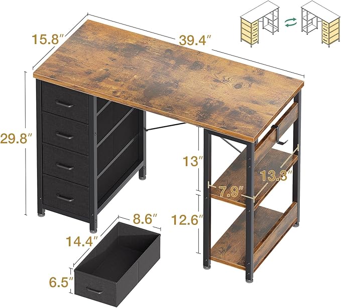 ODK 40 Inch Small Computer Desk with 4 Fabric Drawers, Modern Writing PC Desk for Small Spaces, Study & Home Office Desk with Storage Shelves, Vintage