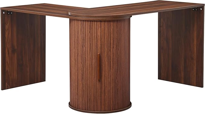 Fluted Computer PC Desk Table with Storage, Farmhouse Corner L Shaped Desk with Storage for Small Space, Modern Home Office Desk for Bedroom, for Writing, Executive, Study, Work - Walnut