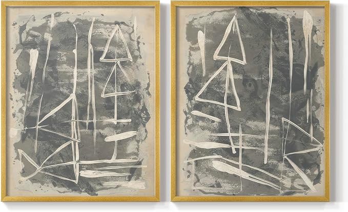 Renditions Gallery Set of 2 Peel & Stick Framed Prints, Trendy Abstract Wall Art, Textured Linework Striking Wall Decor, Re-Stickable - Ready to Hang - 16"x20" - GOLD Frame LT588