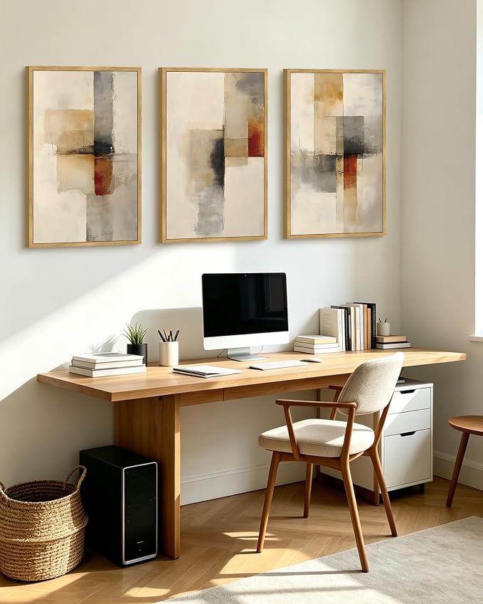 KUVIOKE Framed Abstract Wall Art Minimalist Beige Gray Red Pastel Watercolor Wall Decor Modern Neutral Art Print Home Decor 24x36in (Natural Framed)
