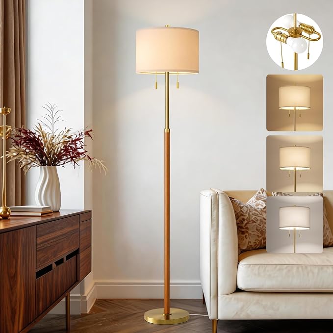 G-SAFAVA Floor Lamp 61" Wood Lamps for Living Room Bedroom 2-Lights Mid Century Modern Standing Tall Lamps for Office Nursery Corner Reading Room Lamp, 3 Color Temperatures 9W Bulbs Included, Gold