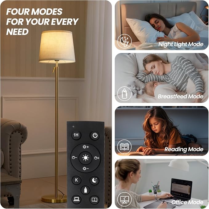 Modern Floor Lamp for Living Room and Bedroom- 55"-67" Height Adjustable Standing Lamps with Dimmable LED Bulb and Remote Control-Bright Tall Stand Light with Shade for Corner Lighting （Gold）
