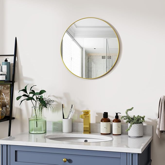 VooBang Gold Round Bathroom Mirror, 20 inch Circle Wall Mounted Hanging Mirror with Simple Modern Circular Metal Frame for Hallway, Entryway, Living Room, Gold Frame