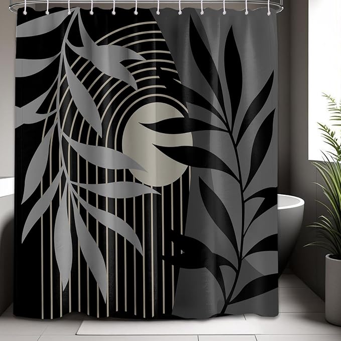 Boho Black and Grey Shower Curtain, Mid Century Modern Black and Gray Shower Curtains for Bathroom, Waterproof Fabric Set with Hooks, 70" W x 72" L