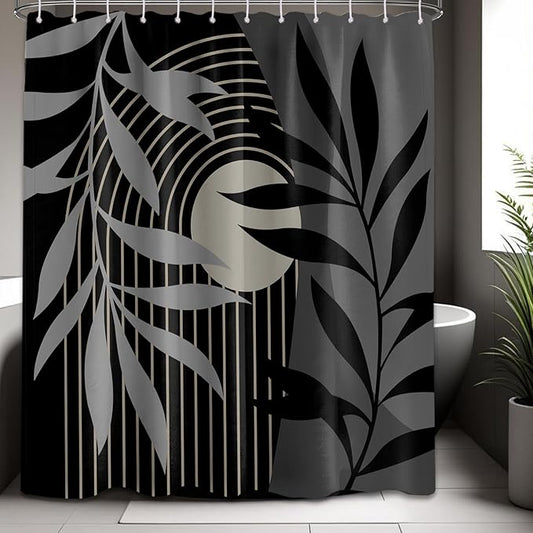 Boho Black and Grey Shower Curtain, Mid Century Modern Black and Gray Shower Curtains for Bathroom, Waterproof Fabric Set with Hooks, 70" W x 72" L