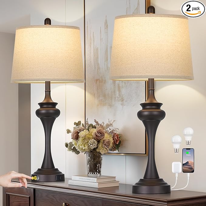 Rinweey 30" Brown Table Lamps for Bedroom, 3-Way Touch Control Bedside Lamps Set of 2, Tall Lamp for Living Room with USB A+C Ports, Elegant Coffee Night Stand Lamp for End Table, 2 Bulbs Included