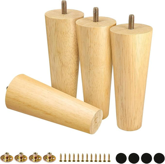 FoDau770 Rubber Wood Furniture Legs 6 Inches, Straight Tapered Wood Feet Mid Century Sofa Legs Set of 4, 5/16" UNC Furniture Feet Replacement Parts for Cabinet Couch Dresser Chair Ottoman Table