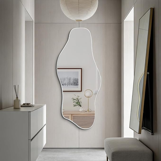 Irregular Wall Mirror, 54.5"x24" Silver Asymmetrical Tempered Glass Mirror, Large Frameless Organic Shaped Mirrors for Entryway Hallway Bedroom Living Room, Horizontal or Vertical Hanging