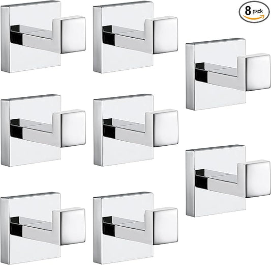 Towel Hooks For Bathrooms, Chrome Polished Towel Hook For Kitchen Bathroom, SUS304 Stainless Steel Coat Hook, Square Heavy Duty Robe Hooks For Hanging Towels,Coats,Sponges,Wall Mount, 8 Pack