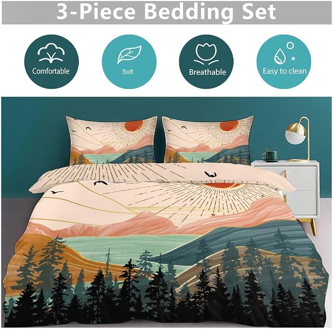 Boho Sun Bedding Set,Modern Minimalist Abstract Mountain Nature Leaves Sunrise Comforter Set with Pillowcase for Bedroom Bed Decor,Queen 90"x90"
