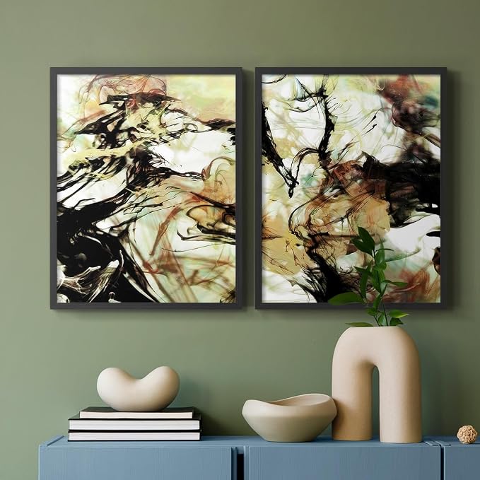 Renditions Gallery Set of 2 Peel & Stick Framed Prints, Abstract Wall Art, Vaping Smoke Design Wall Decor, Re-Stickable - Ready to Hang - 16"x20" - Black Frame LT588