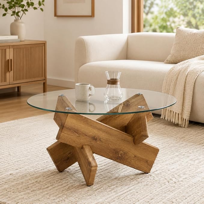 Circle Coffee Table, 33.4" Round Glass Coffee Table for Living Room, Mid Century Modern Center Table with Rustic Wood Crossed Legs, Glass Top Cocktail Table