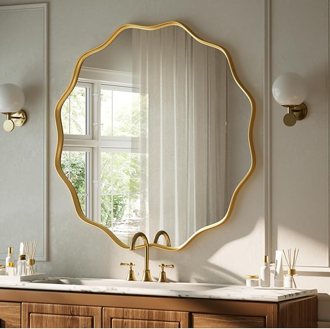 VooBang Gold Scalloped Circle Mirror, 30" Wavy Edge Round Wall Mirror with Tempered Glass Textured Circular Metal Deep Frame, Hanging Leaning for Bathroom, Hallway, Entryway, Livng Room
