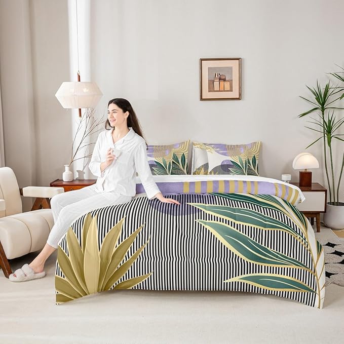 Erosebridal Mid Century Comforter Set Queen Abstract Bohemian Aesthetic 7 Pcs Bedding Sets,Minimalist Modern Boho Bed in a Bag Vintage Geometric Circle Line Quilt with Flat Fitted Sheet,Purple Gold