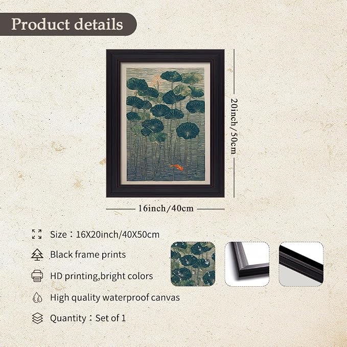 Vintage Framed Lotus And Koi Canvas Poster Japanese Floral Botanical Pond Wall Art Retro Oriental Asian Prints Decor for Bedroom Zen Meditation Room Home 16x20 inch