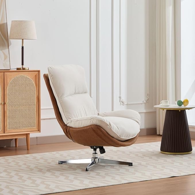 LukeAlon Linen Swivel Lounge Chair, Upholstered High Back Accent Chair with Metal Base Armelss Comfy Modern Recliner Chair for Living Room Office, Beige