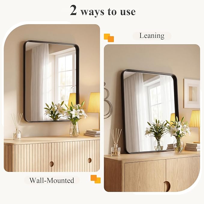 NEWBULIG 36X36 Inch Bathroom Mirror for Over Sink, Wall Vanity Mirrors Tempered Glass, Anti-Rust Metal Framed Rounded Rectangle, Hangs Horizontally or Vertically, Farmhouse Home Decor, Black