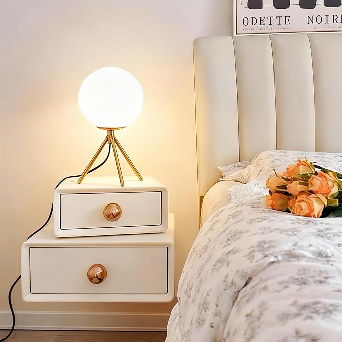 Mid Century Modern Table Lamp - Gold Glass Globe Desk Reading Lamp - Contemporary Minimalist Brushed Brass Bedside Desk Nightstand Industrial Vintage Bedside Table Light