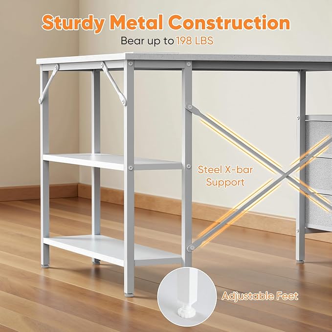 DUMOS L Shaped Desk with Shelf Drawers 55 Inch, White Corner Computer Desks Gaming with Power Outlet, Study Table with Adjustable Shelves, Home Office Tables for Bedroom Teacher Reading Writing