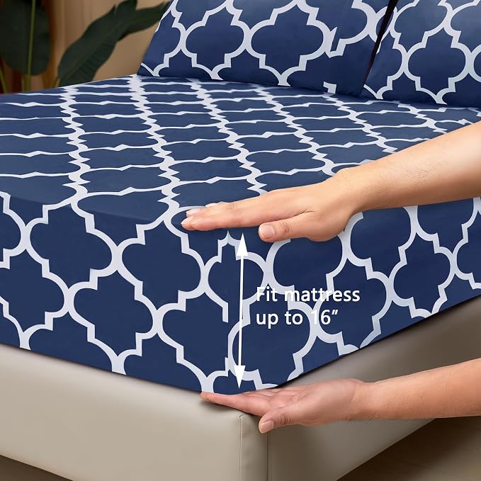 Mejoroom Queen Bed Sheet Set - Super Soft Brushed Microfiber 1800 Thread Count Queen Sheets with 16 inch Deep Pocket - Wrinkle Free - 4 Piece(Queen, Navy Quatrefoil with White Pattern)