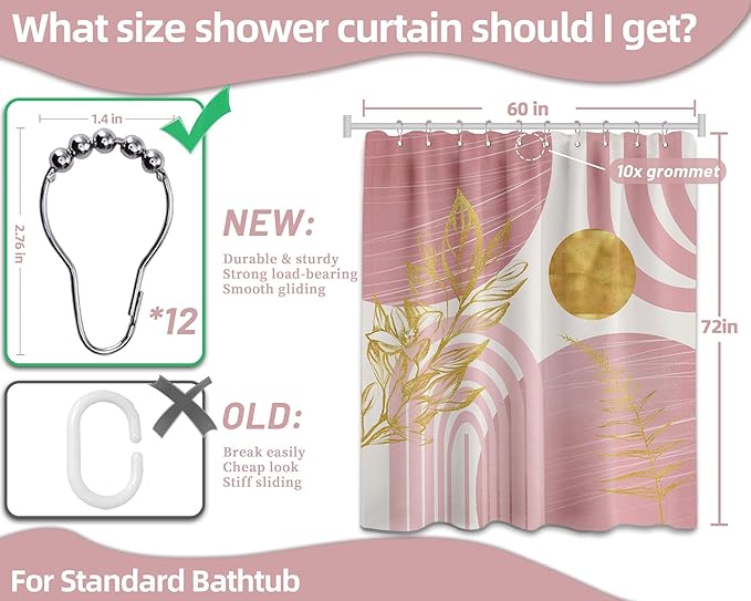 Blush Pink and Gold Shower Curtain Boho Mid Century Light Pink and White Shower Curtains for Bathroom Decor, Waterproof Cloth Fabric with Hooks, 60" W x 72" L