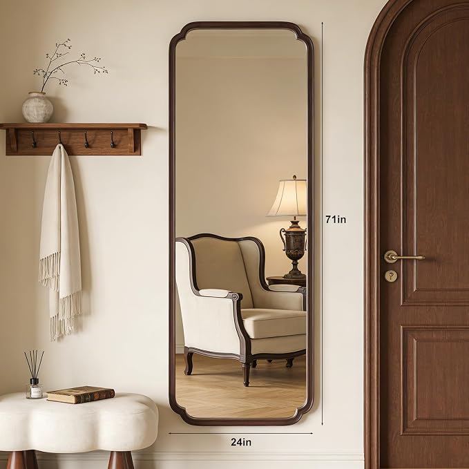 HOMECOOKIN Full Length Mirror Wall Mounted, Rustic Wooden Frame Floor Mirror, Rounded Corner Large Full Body Mirror for Bedroom,Dressing Room， Leaning or Hanging Against Wall (Walnut, 71" L x 24" W)